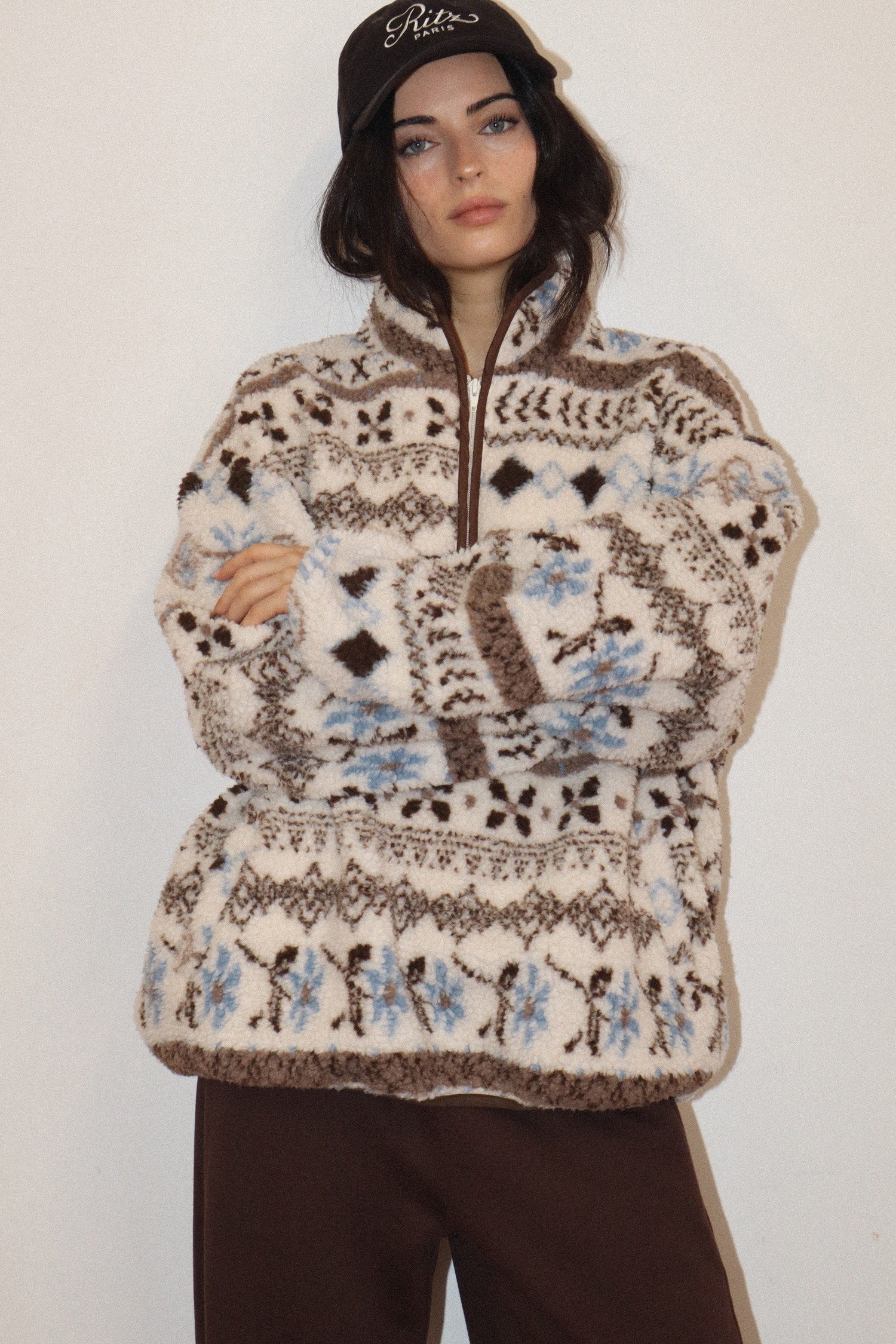 Alpine Folklore Fair Isle Fleece Half Zip Pullover in Cream Brown, photo 2