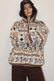 Alpine Folklore Fair Isle Fleece Half Zip Pullover in Cream Brown, photo 2