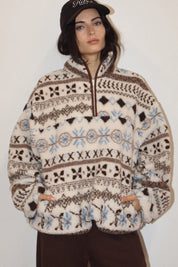 Alpine Folklore Fair Isle Fleece Half Zip Pullover in Cream Brown, photo 3