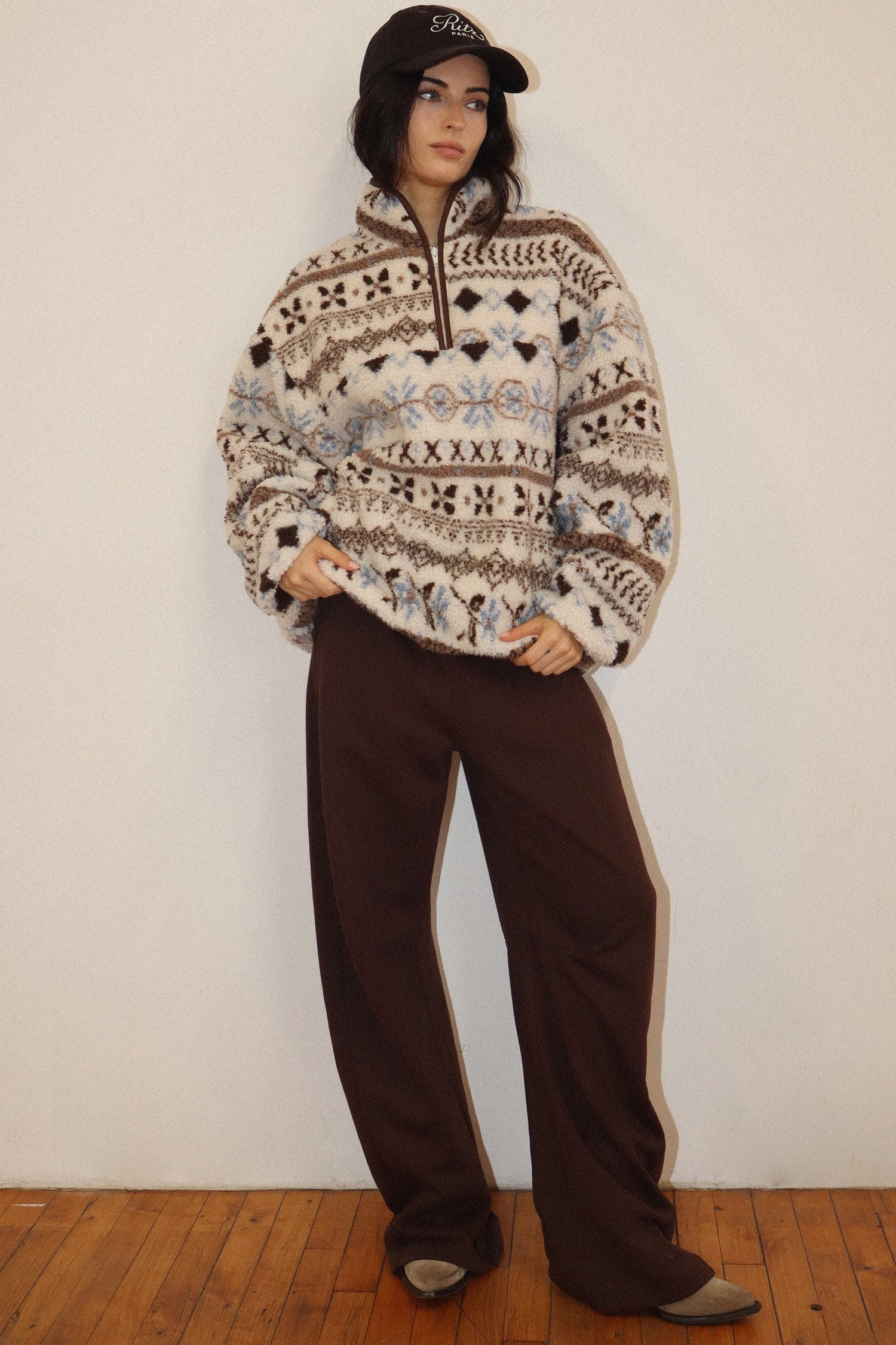 Alpine Folklore Fair Isle Fleece Half Zip Pullover in Cream Brown, photo 4