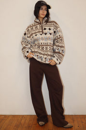 Alpine Folklore Fair Isle Fleece Half Zip Pullover in Cream Brown, photo 4