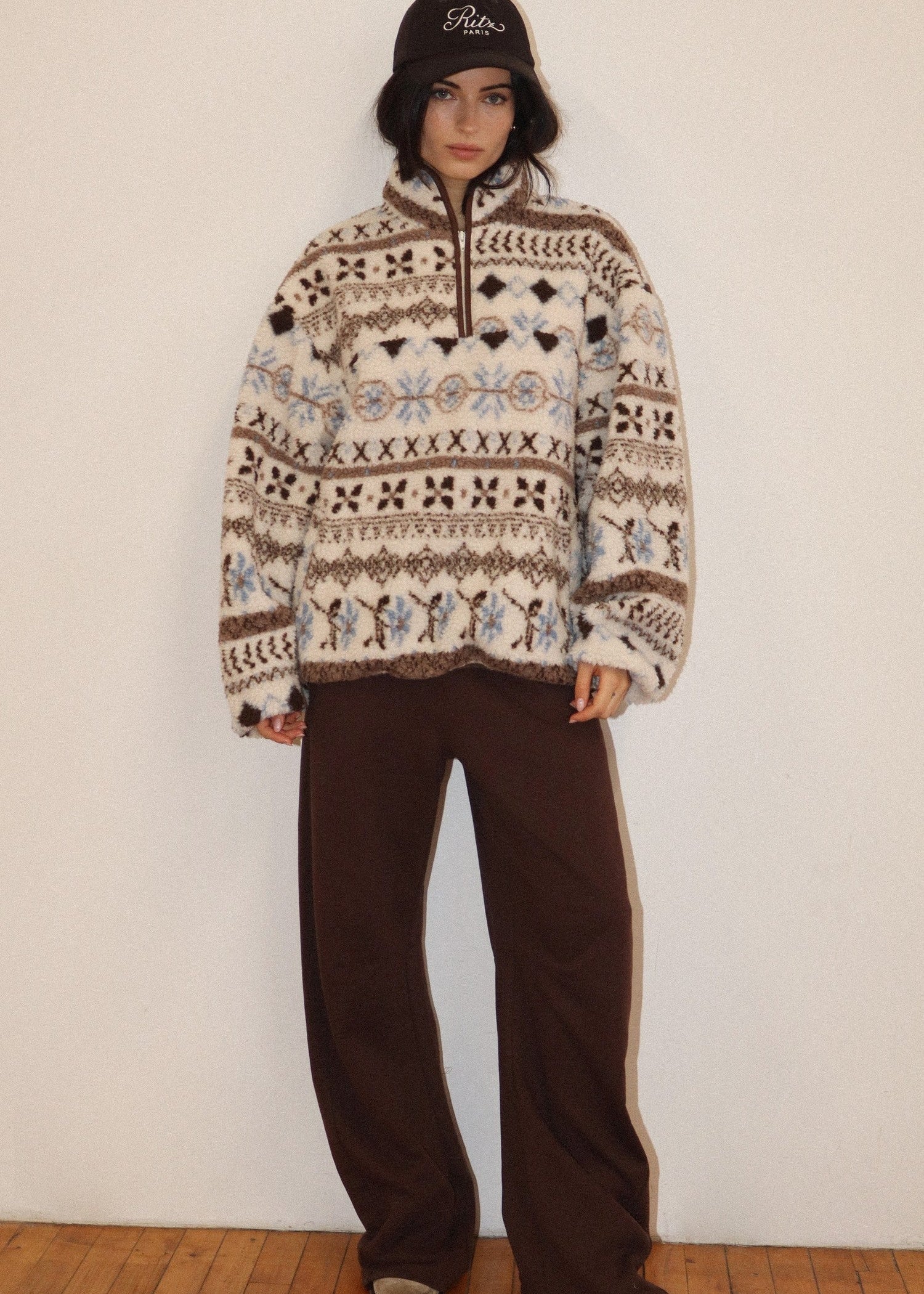 Alpine Folklore Fair Isle Fleece Half Zip Pullover in Cream Brown, photo 5