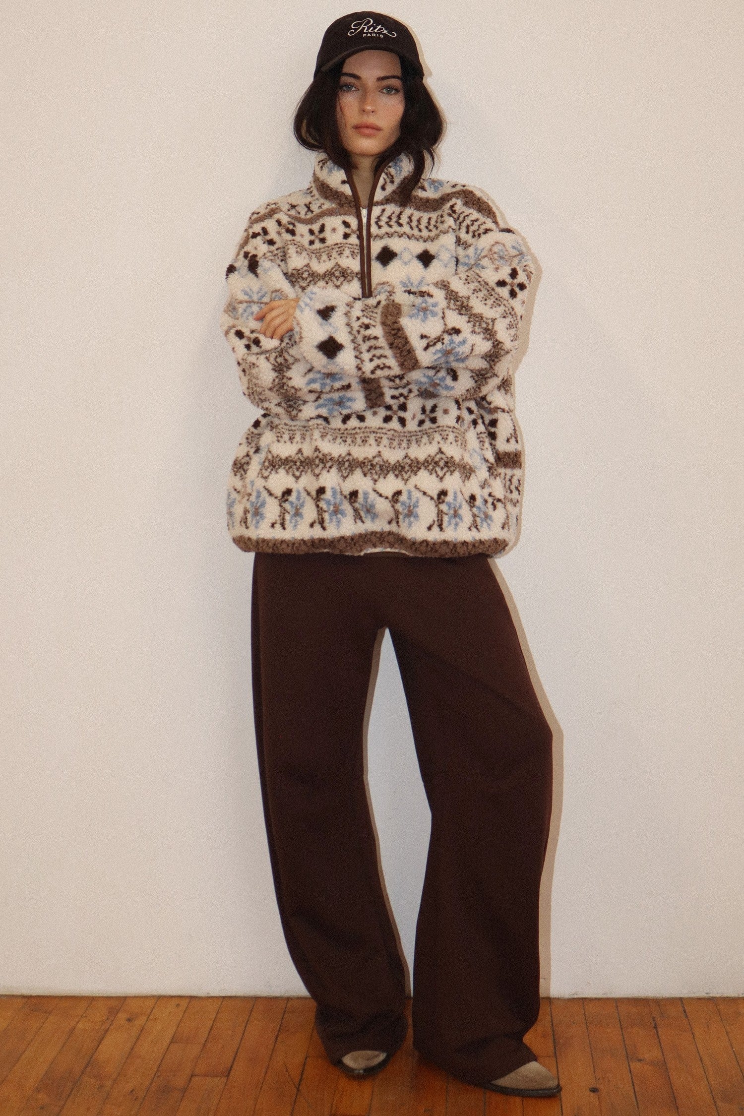 Alpine Folklore Fair Isle Fleece Half Zip Pullover in Cream Brown, photo 6