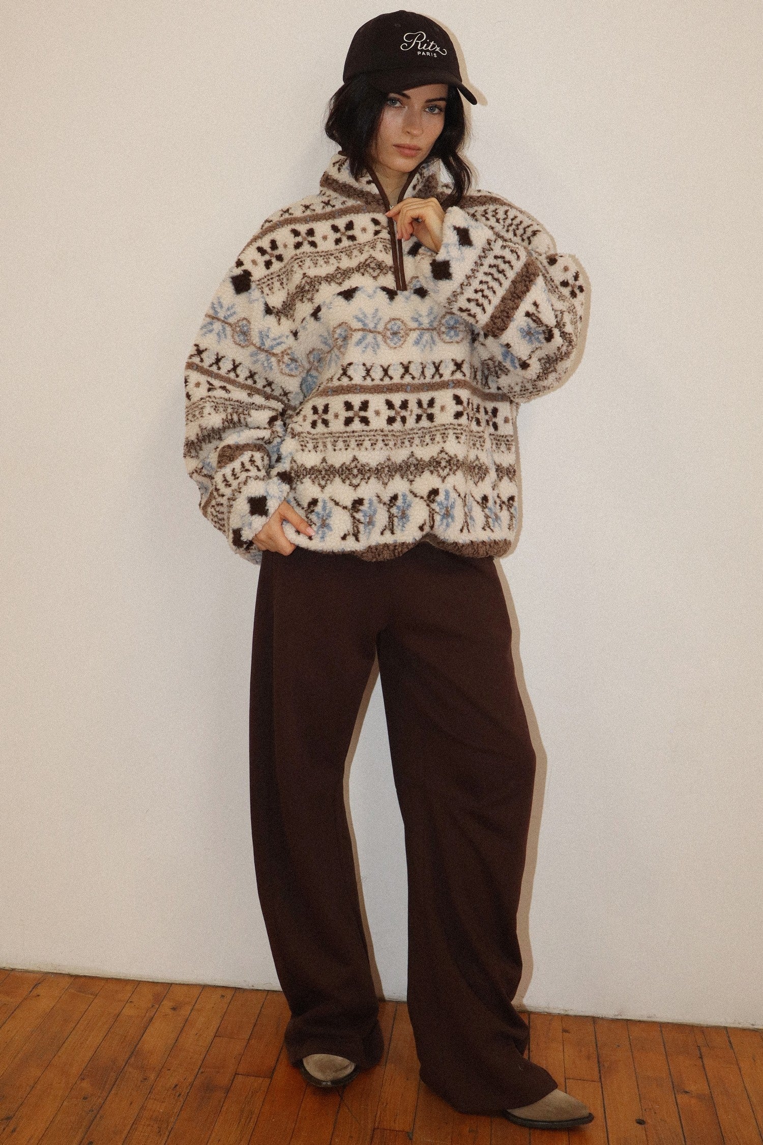 Alpine Folklore Fair Isle Fleece Half Zip Pullover in Cream Brown, photo 7