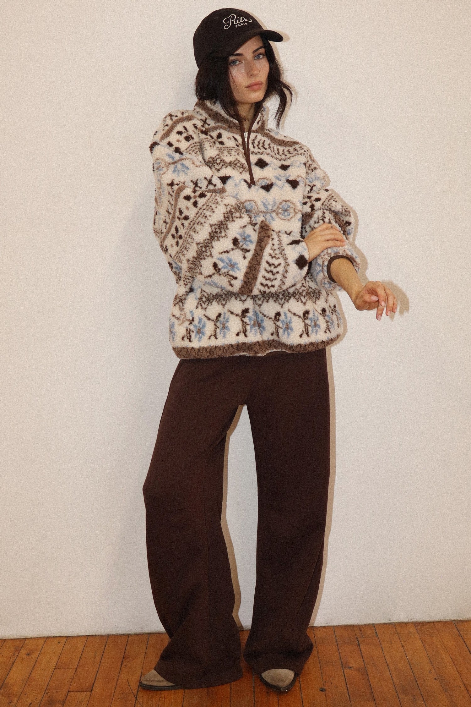 Alpine Folklore Fair Isle Fleece Half Zip Pullover in Cream Brown, photo 8