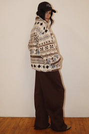 Alpine Folklore Fair Isle Fleece Half Zip Pullover in Cream Brown, photo 9