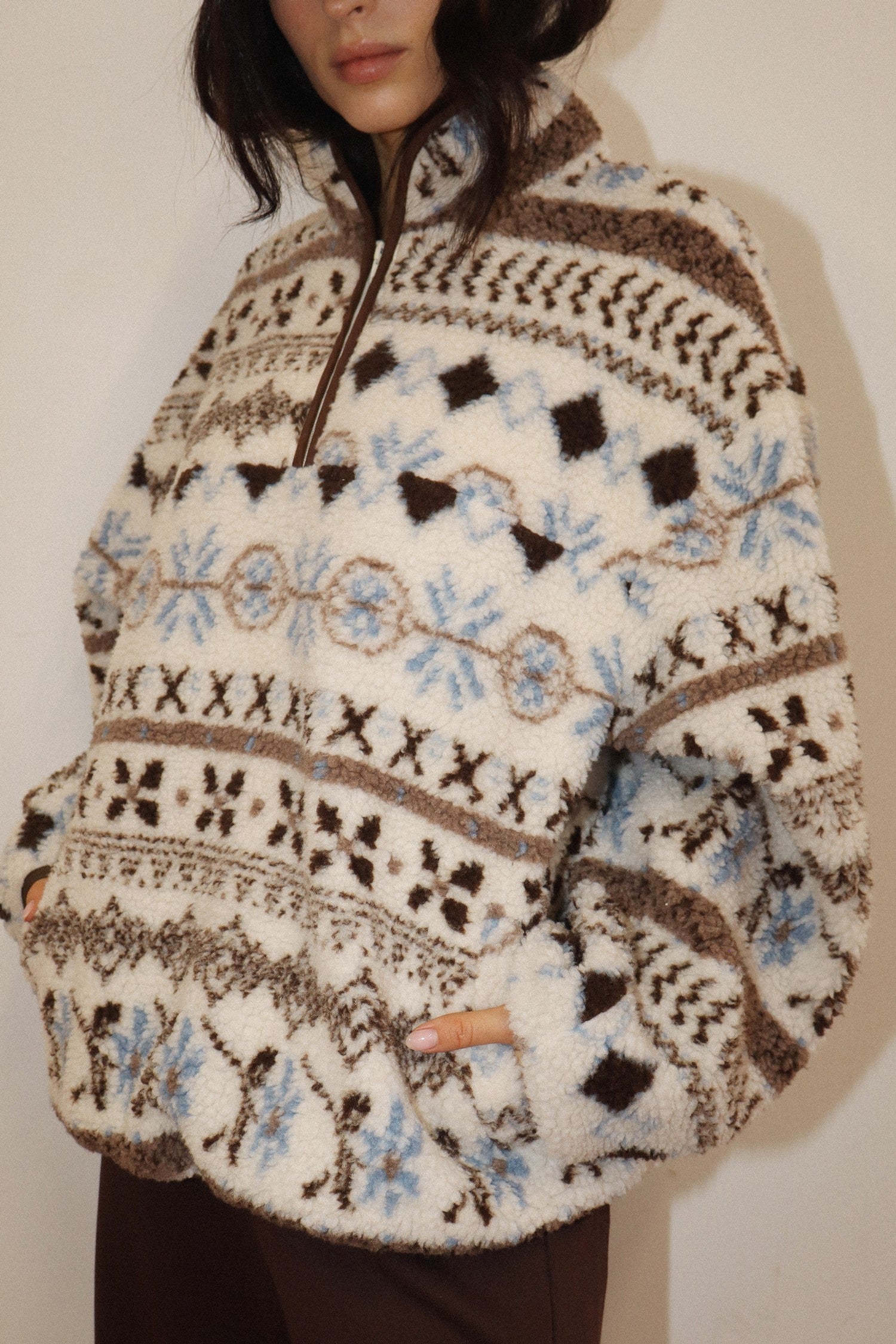 Alpine Folklore Fair Isle Fleece Half Zip Pullover in Cream Brown, photo 11