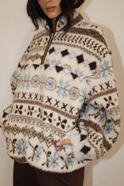 Alpine Folklore Fair Isle Fleece Half Zip Pullover in Cream Brown, photo 11