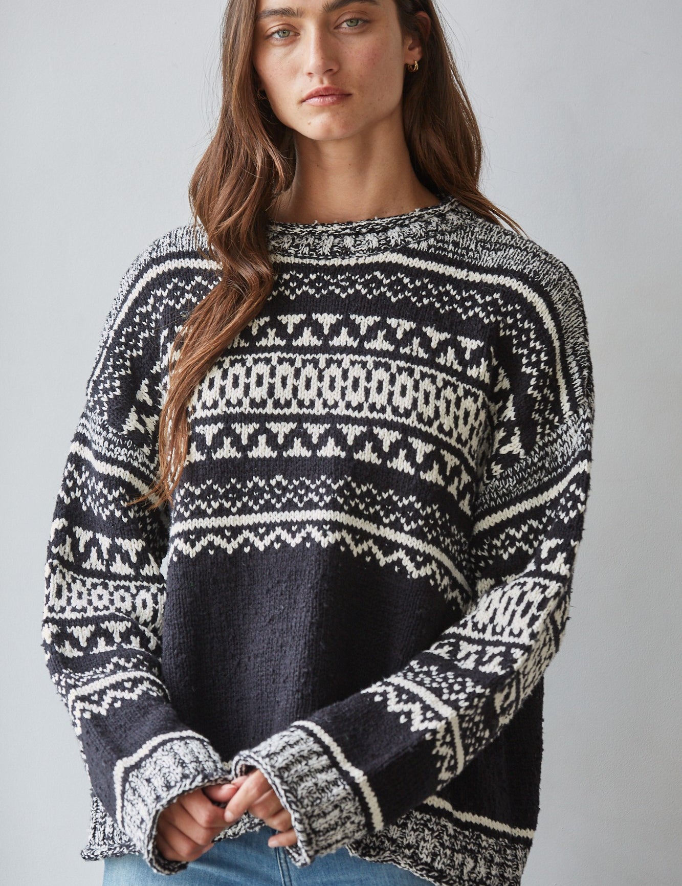 Alpine Rhythm Pattern Knit Sweater in Black White - product photo 1