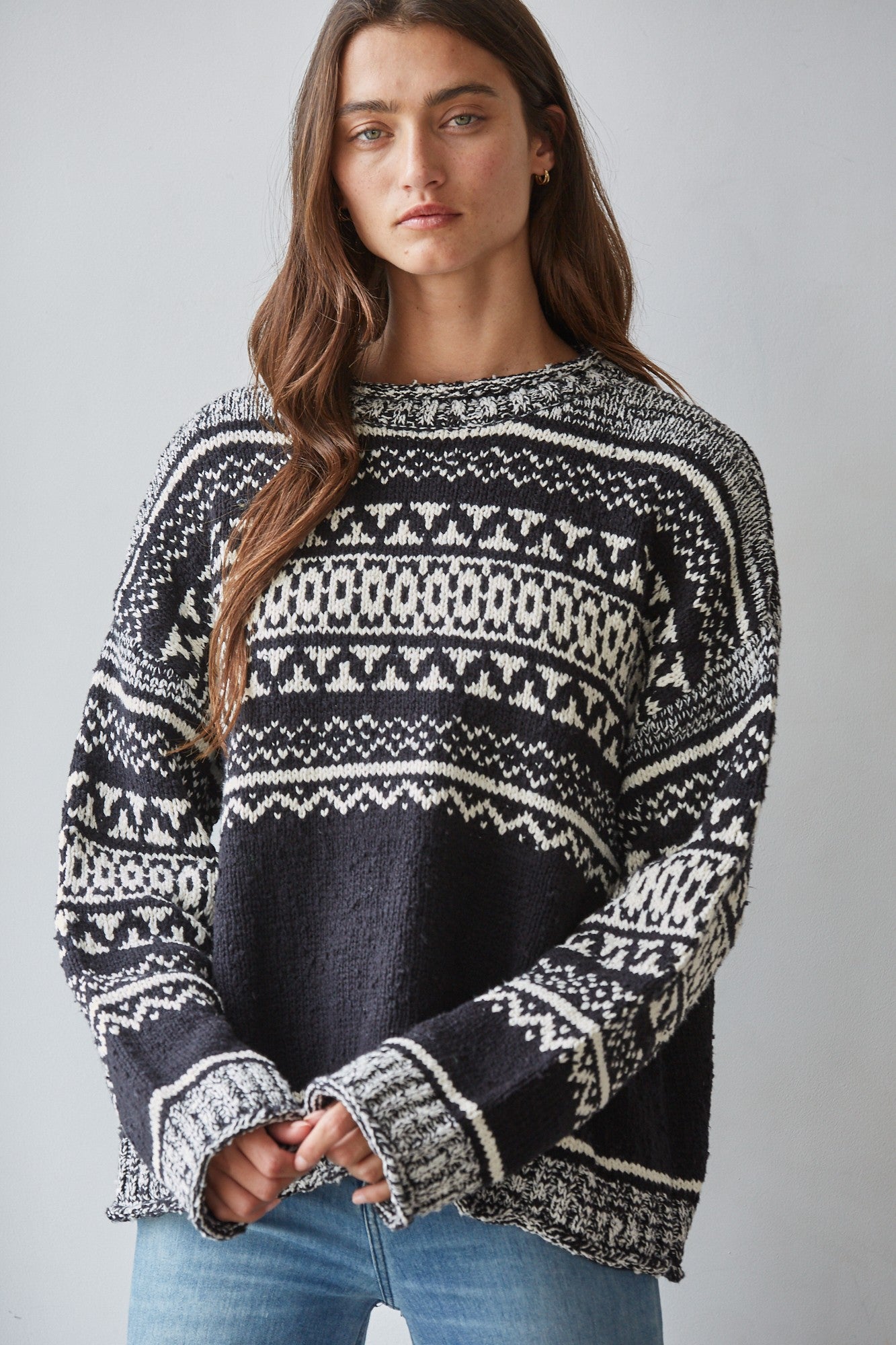 Alpine Rhythm Pattern Knit Sweater in Black White - product photo 1