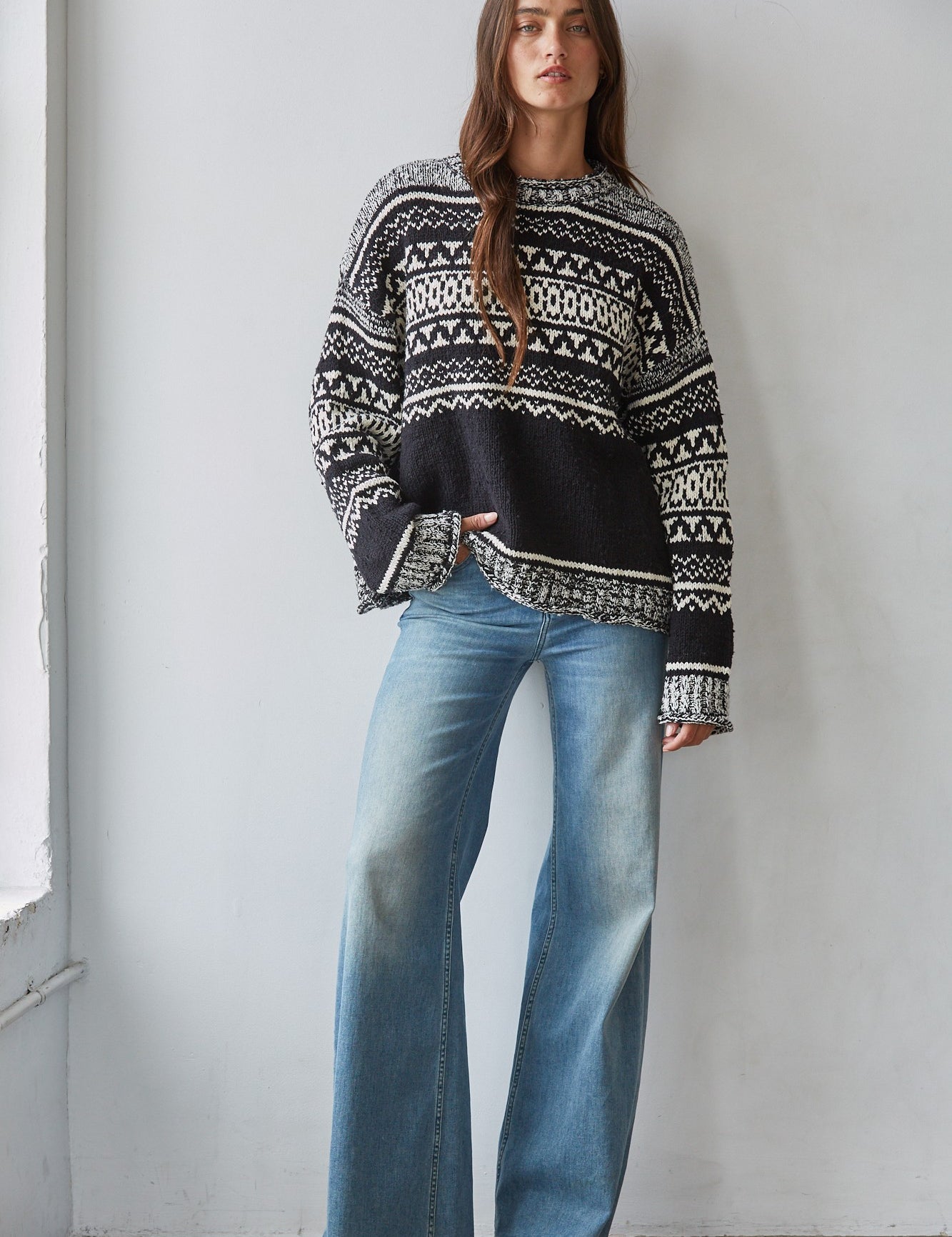 Alpine Rhythm Pattern Knit Sweater in Black White - product photo 2
