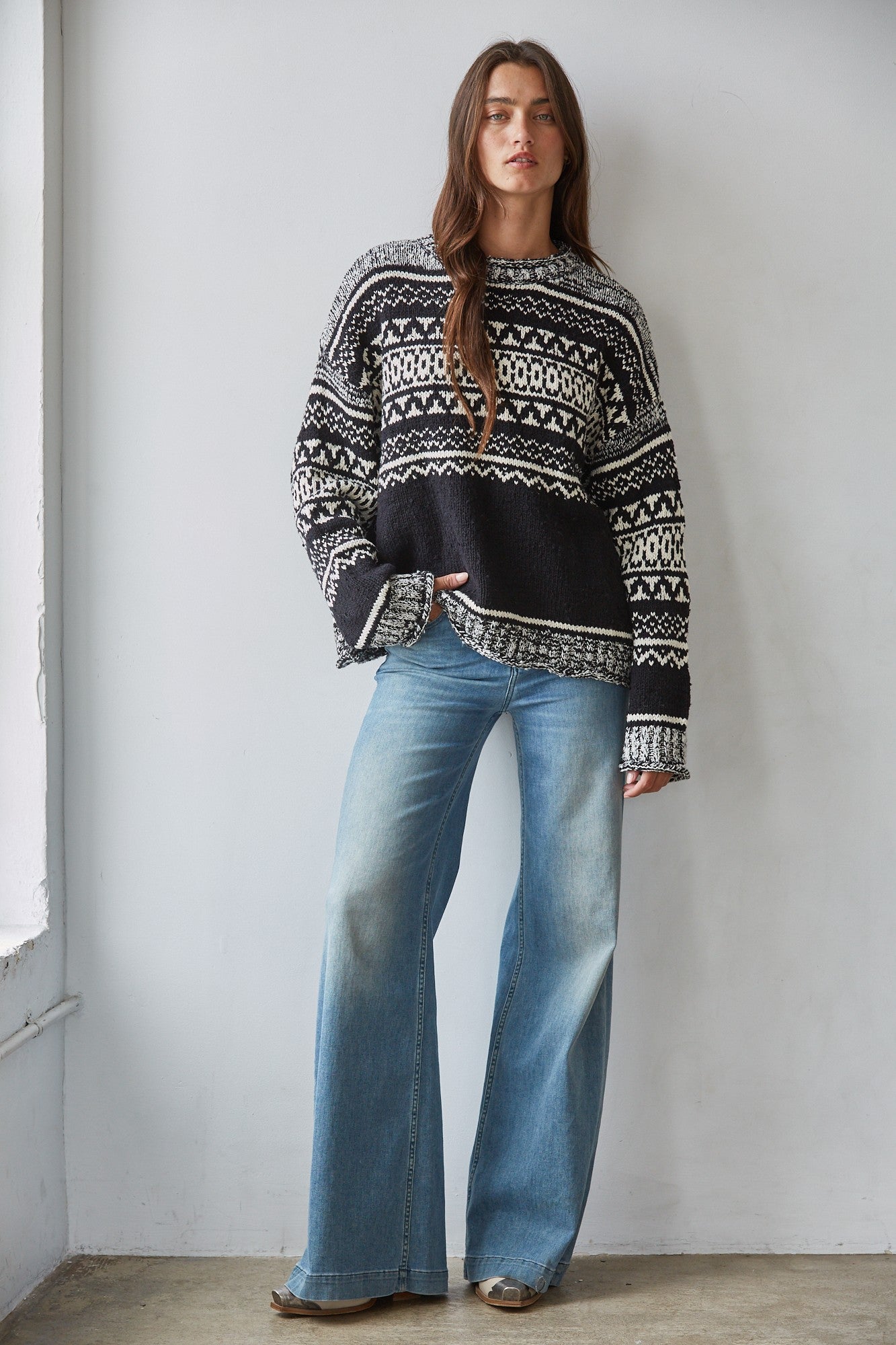 Alpine Rhythm Pattern Knit Sweater in Black White - product photo 2