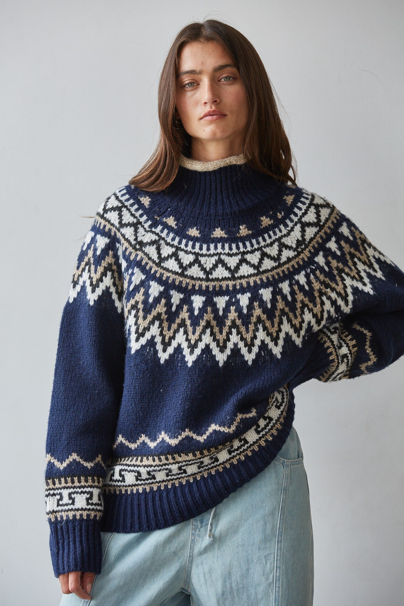 Alta Vista Lodge Fair Isle Mock Neck Sweater in Navy Taupe, photo 1