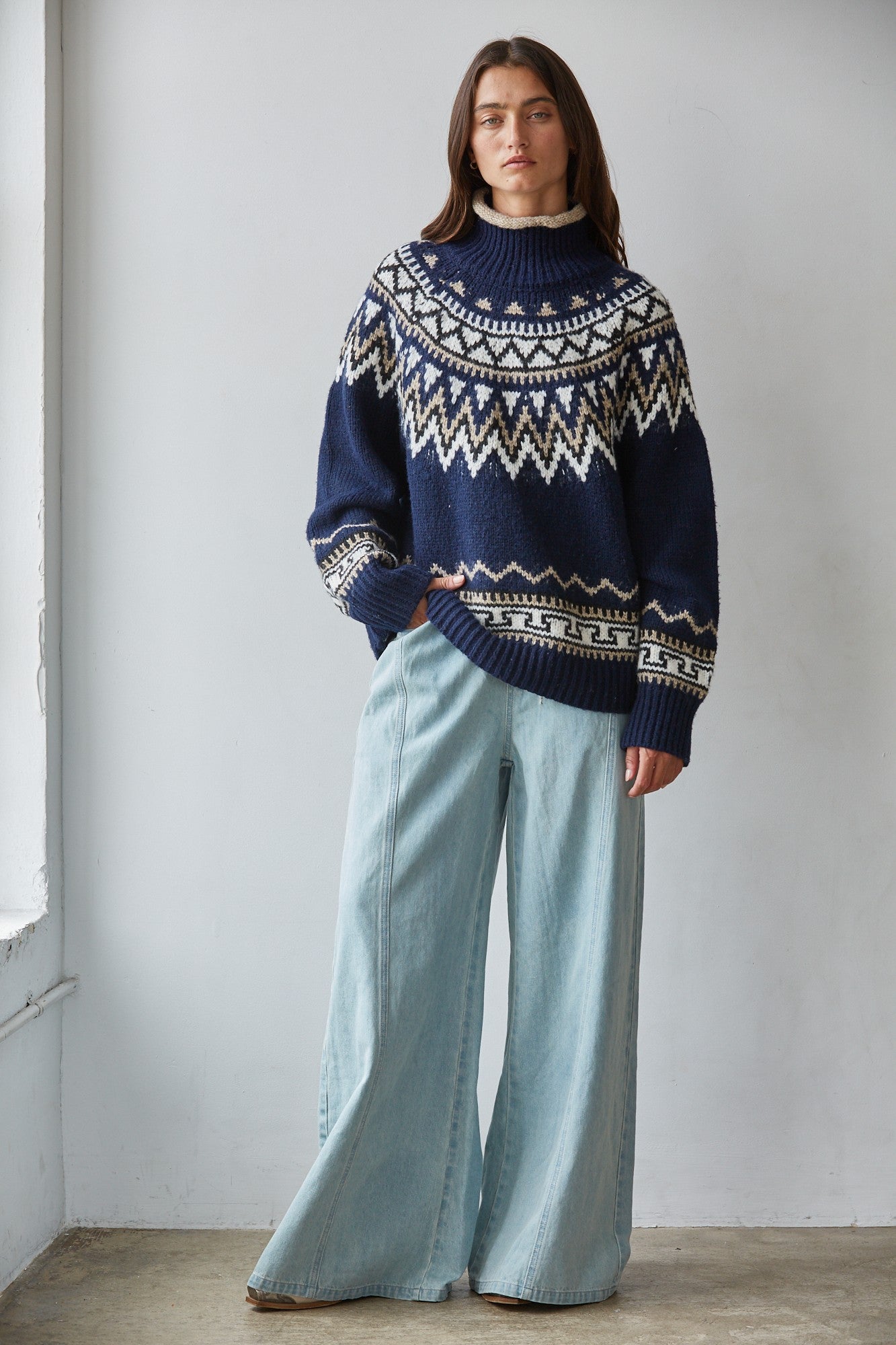 Alta Vista Lodge Fair Isle Mock Neck Sweater in Navy Taupe, photo 2
