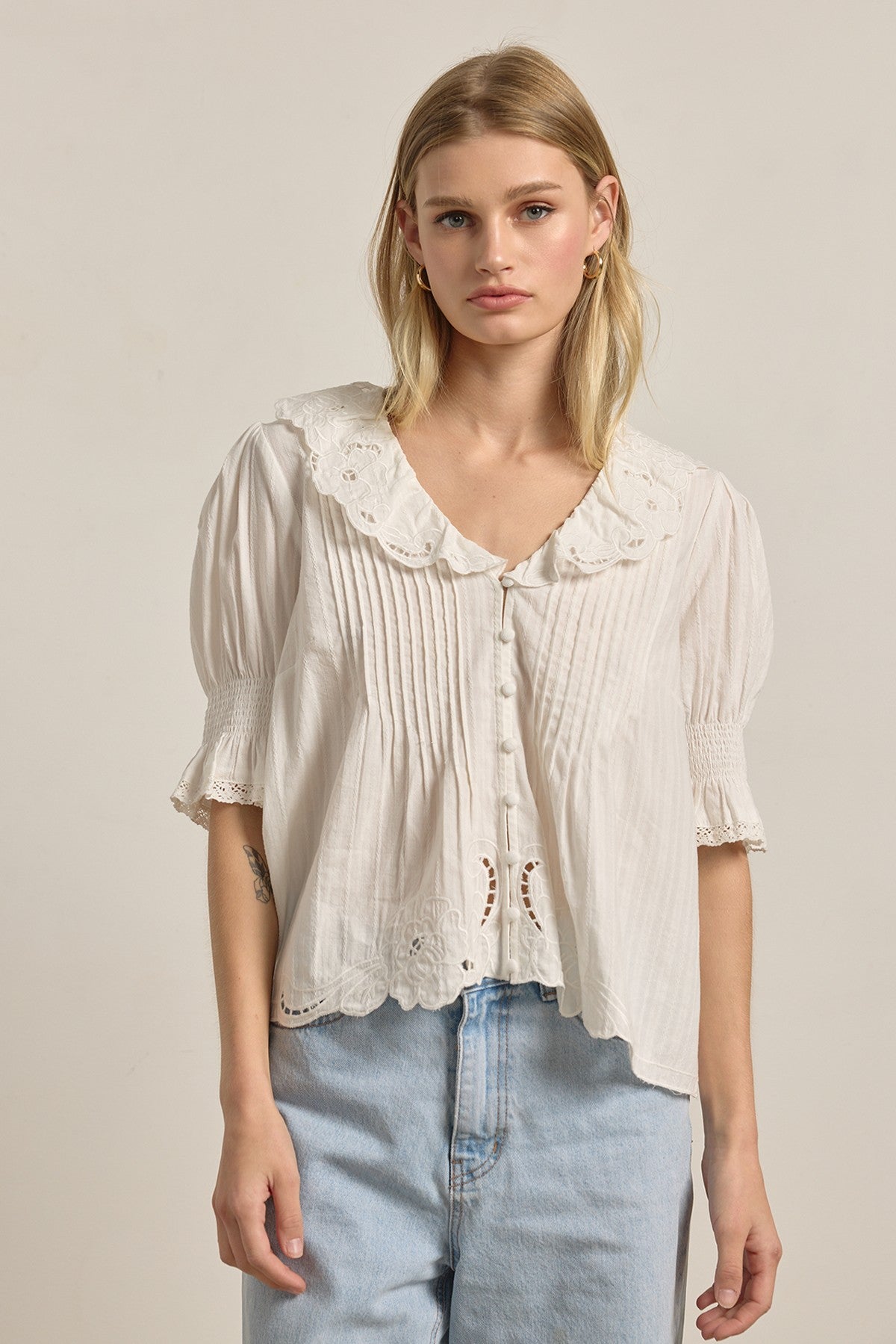 Amabel Embroidered Collar Blouse in Ivory - product photo 1