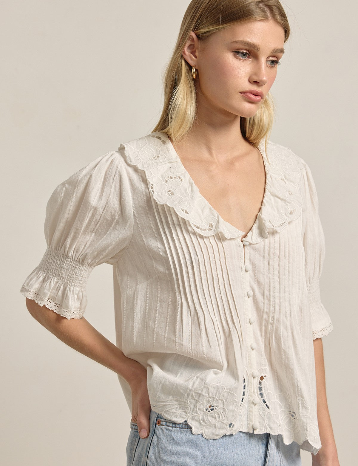 Amabel Embroidered Collar Blouse in Ivory - product photo 3