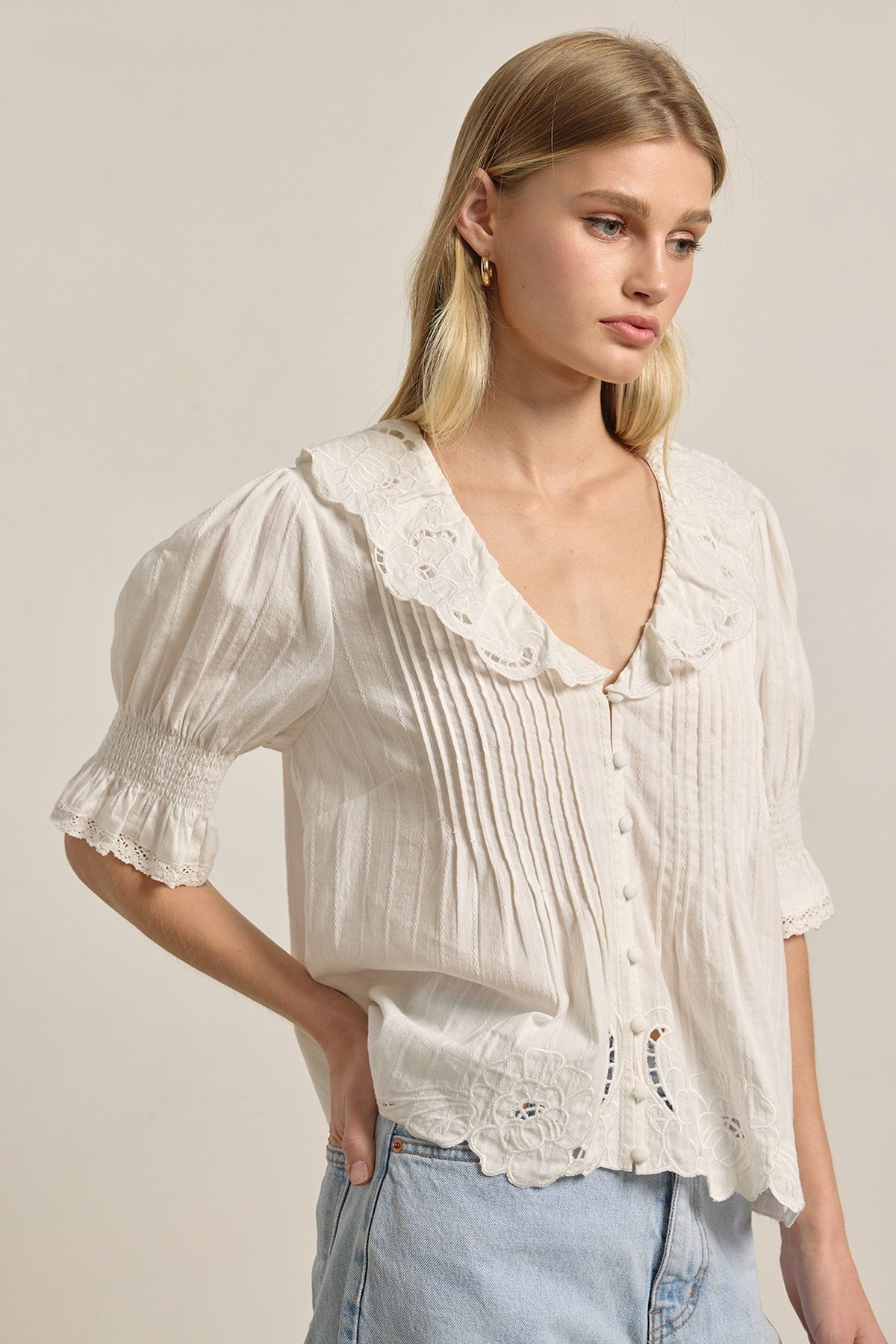 Amabel Embroidered Collar Blouse in Ivory - product photo 3