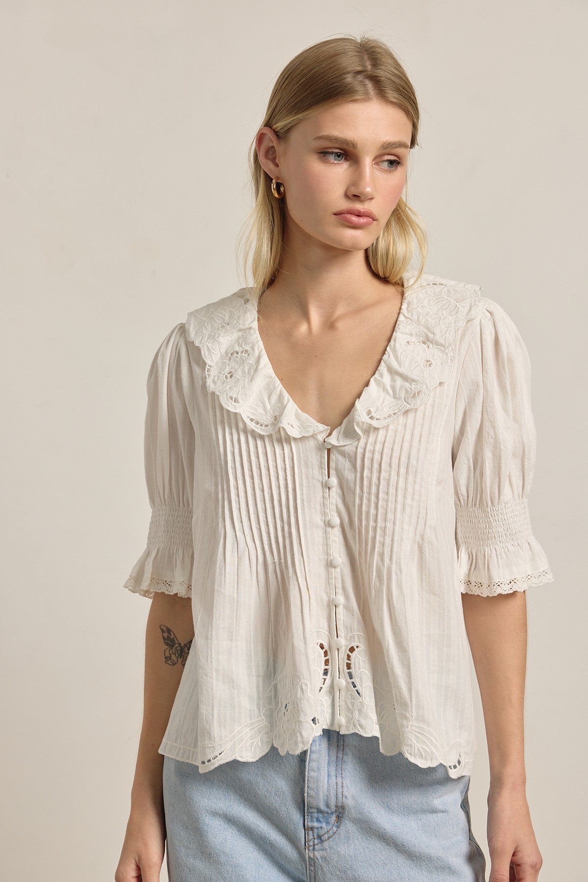Amabel Embroidered Collar Blouse in Ivory - product photo 5