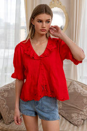 Amabel Embroidered Collar Blouse in Tomato Red - product photo 1