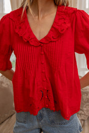 Amabel Embroidered Collar Blouse in Tomato Red - product photo 2