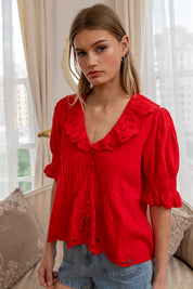 Amabel Embroidered Collar Blouse in Tomato Red - product photo 3