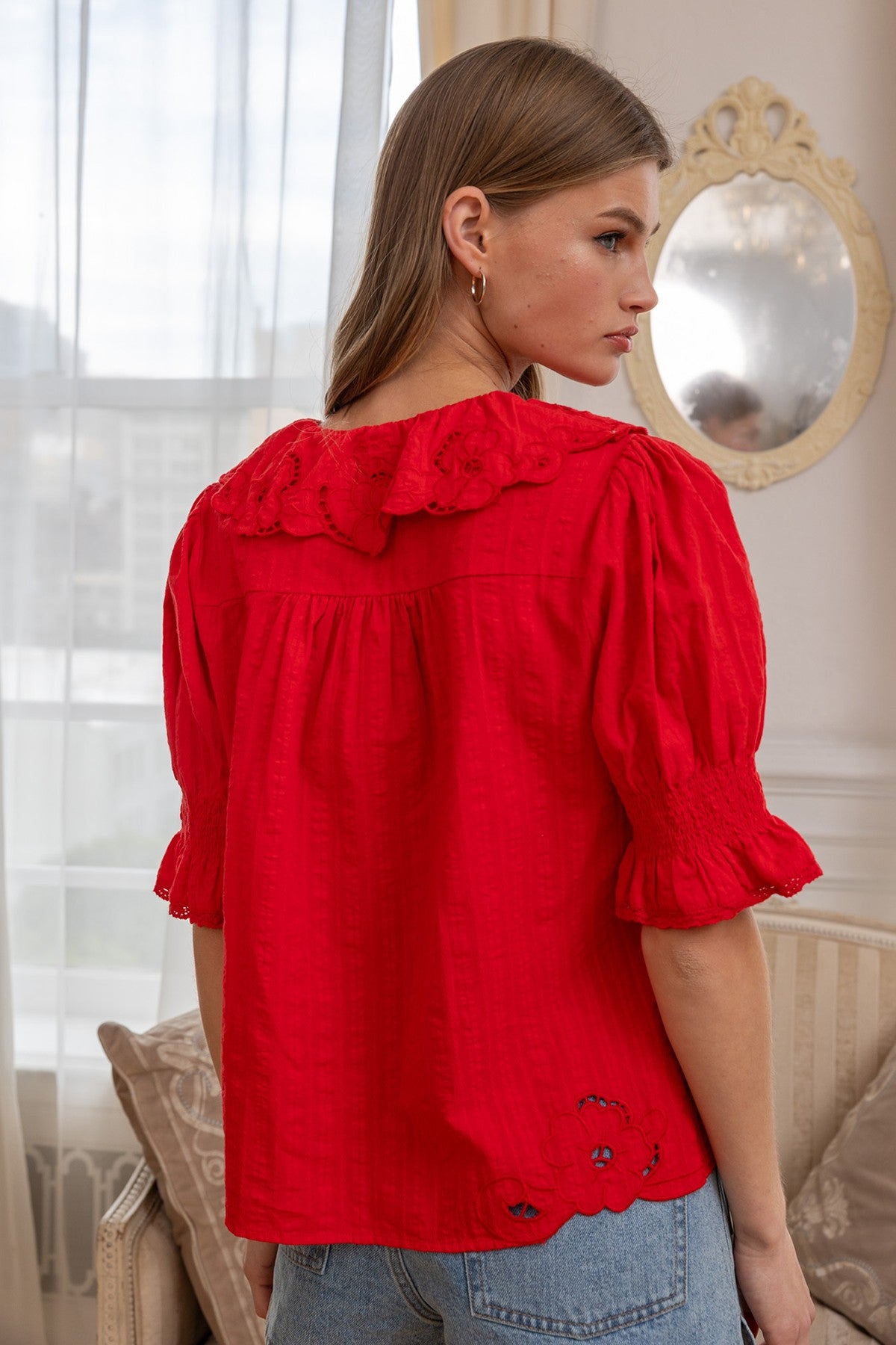 Amabel Embroidered Collar Blouse in Tomato Red - product photo 4