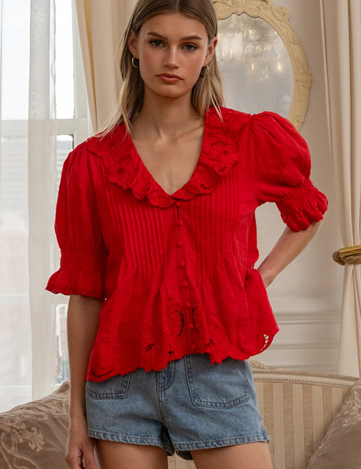 Amabel Embroidered Collar Blouse in Tomato Red - product photo 5