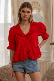 Amabel Embroidered Collar Blouse in Tomato Red - product photo 5