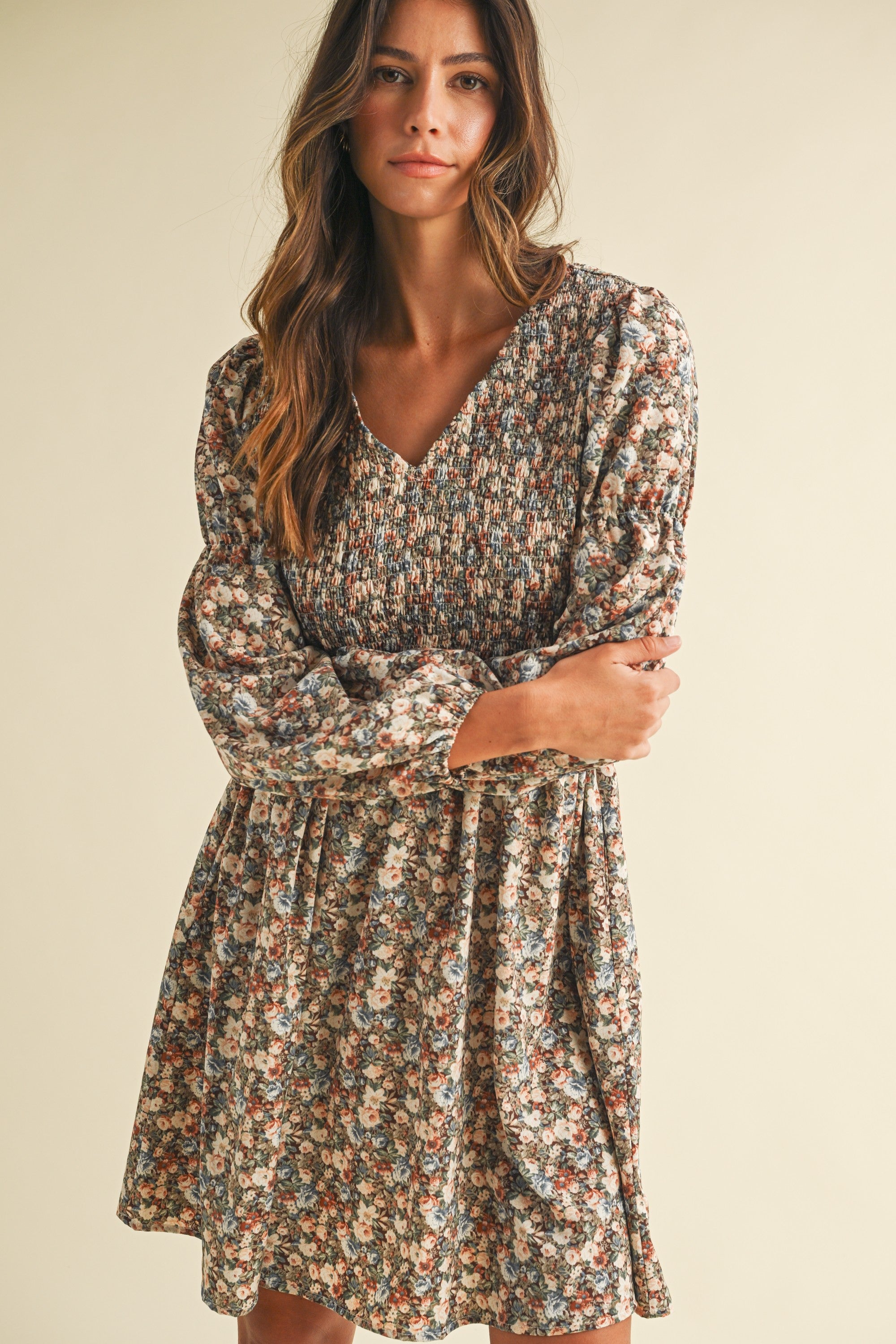 Amabel Smocked Floral Mini Dress in Brown Multi, photo 1