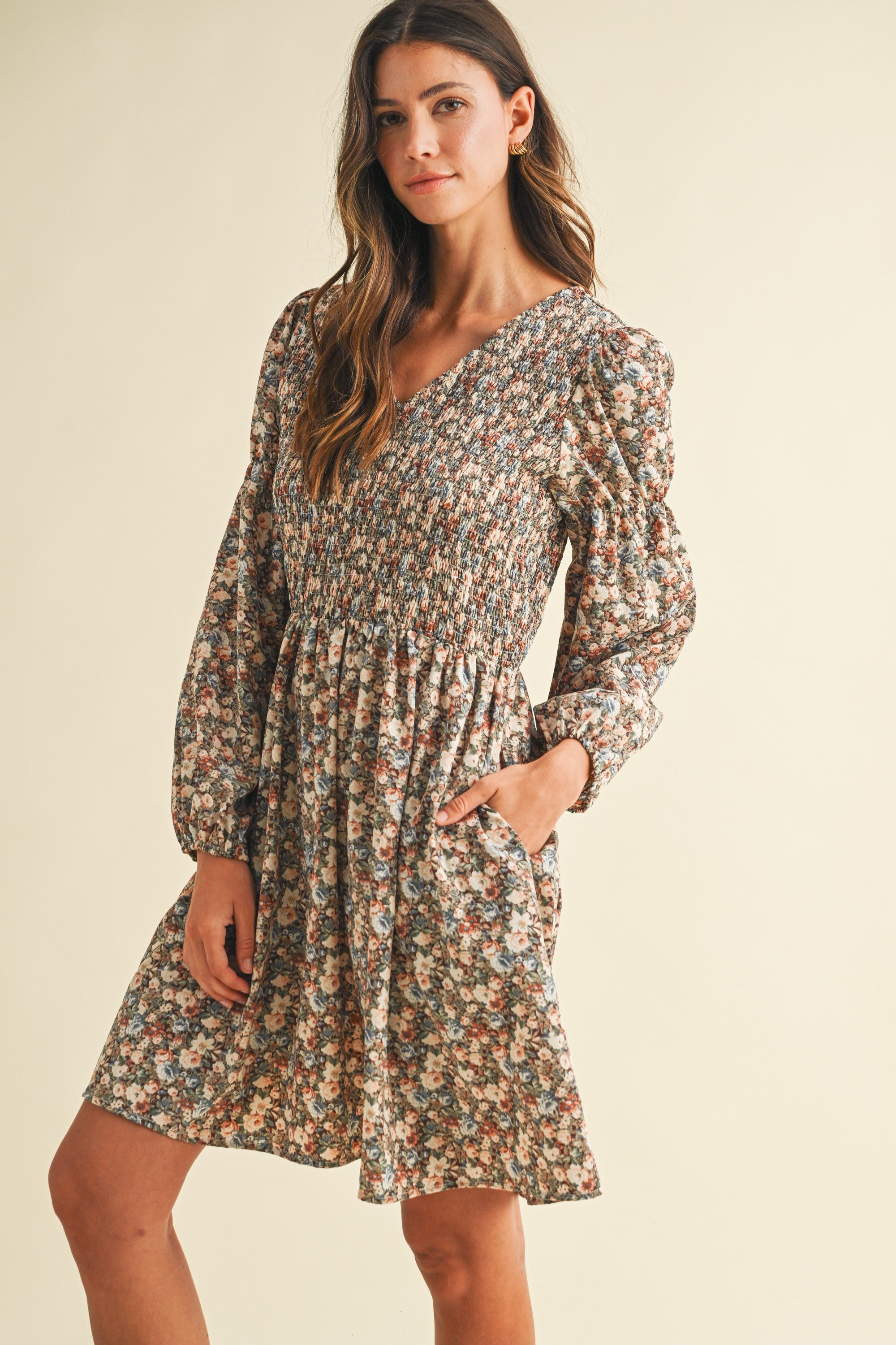 Amabel Smocked Floral Mini Dress in Brown Multi, photo 2