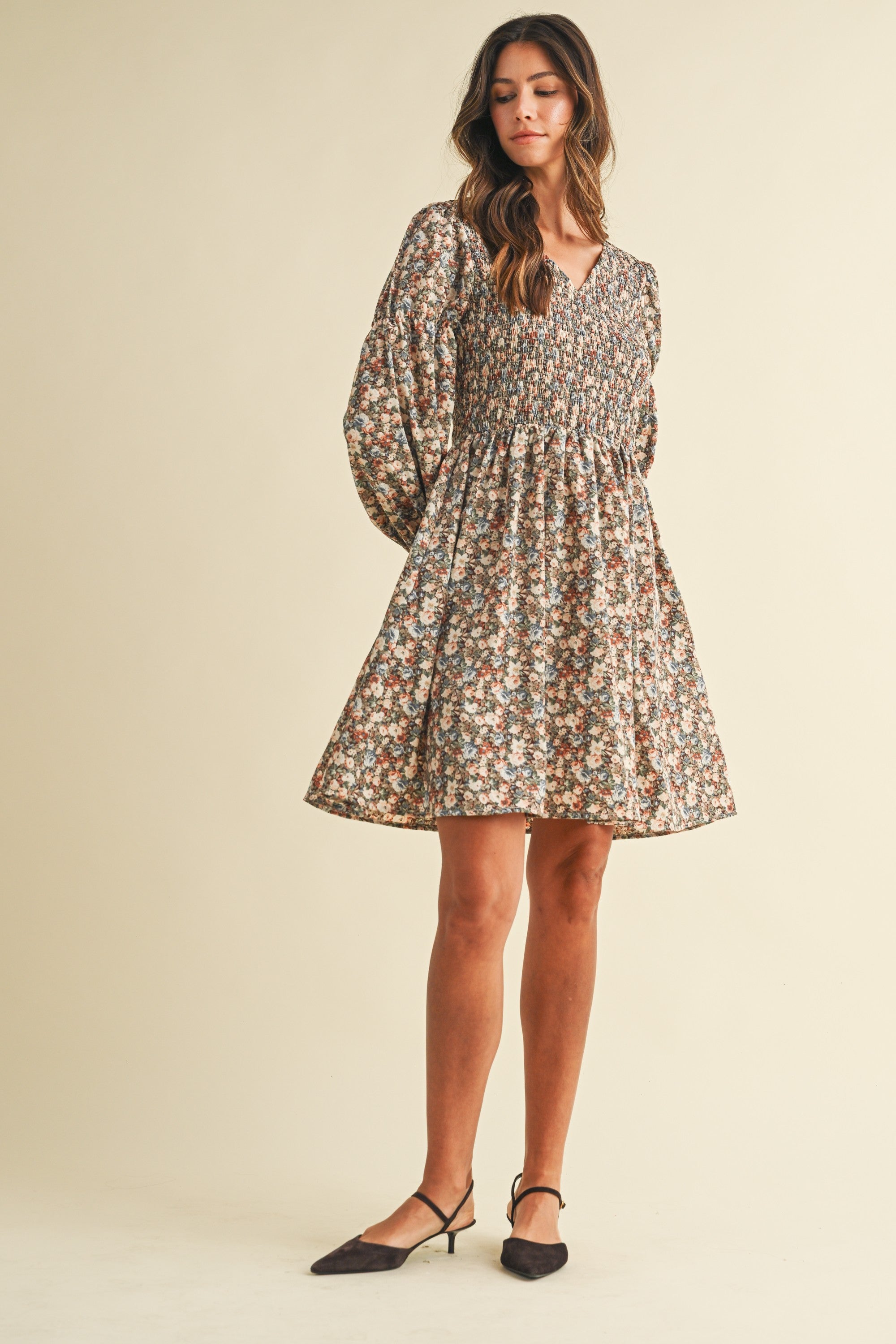 Amabel Smocked Floral Mini Dress in Brown Multi, photo 3
