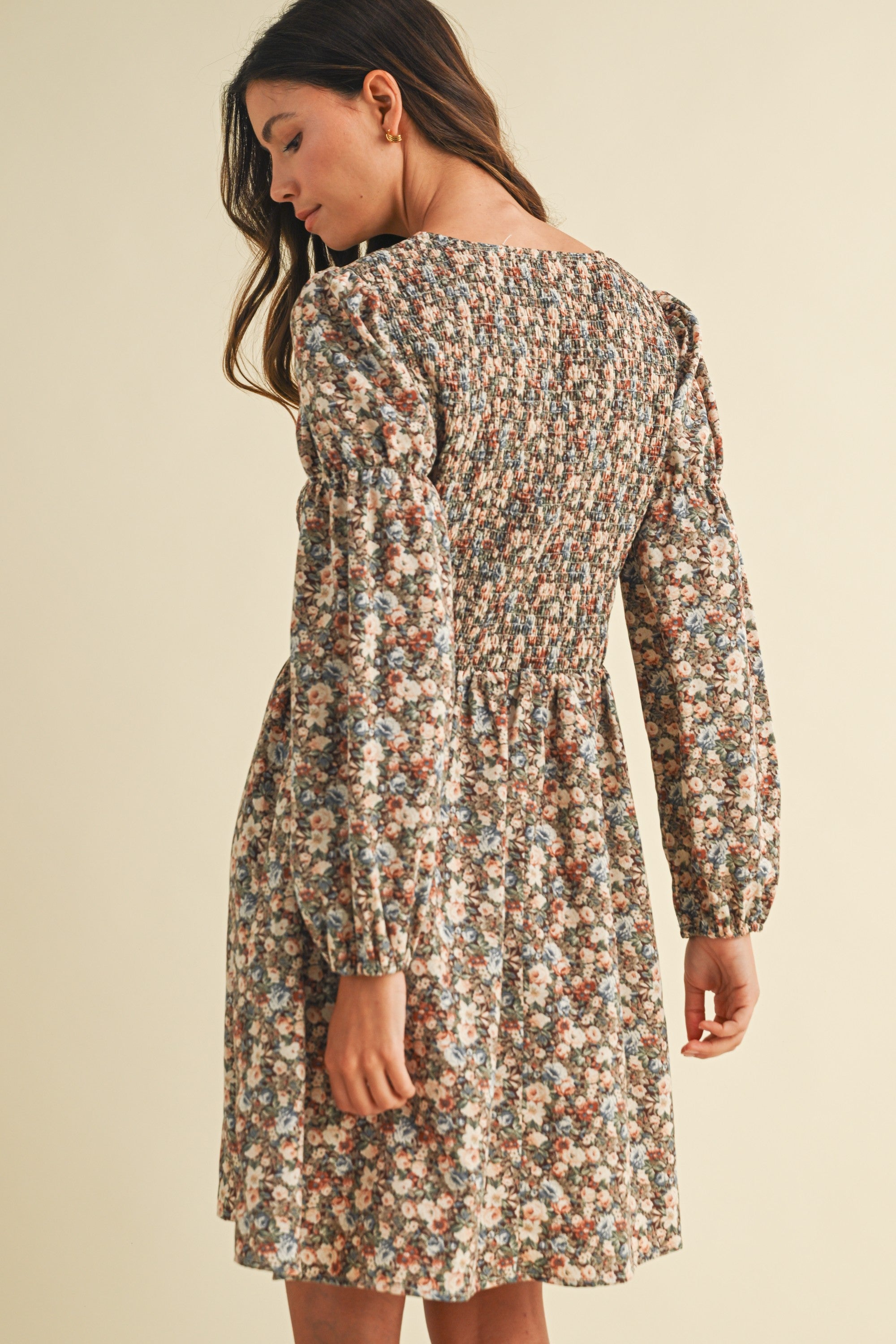 Amabel Smocked Floral Mini Dress in Brown Multi, photo 4