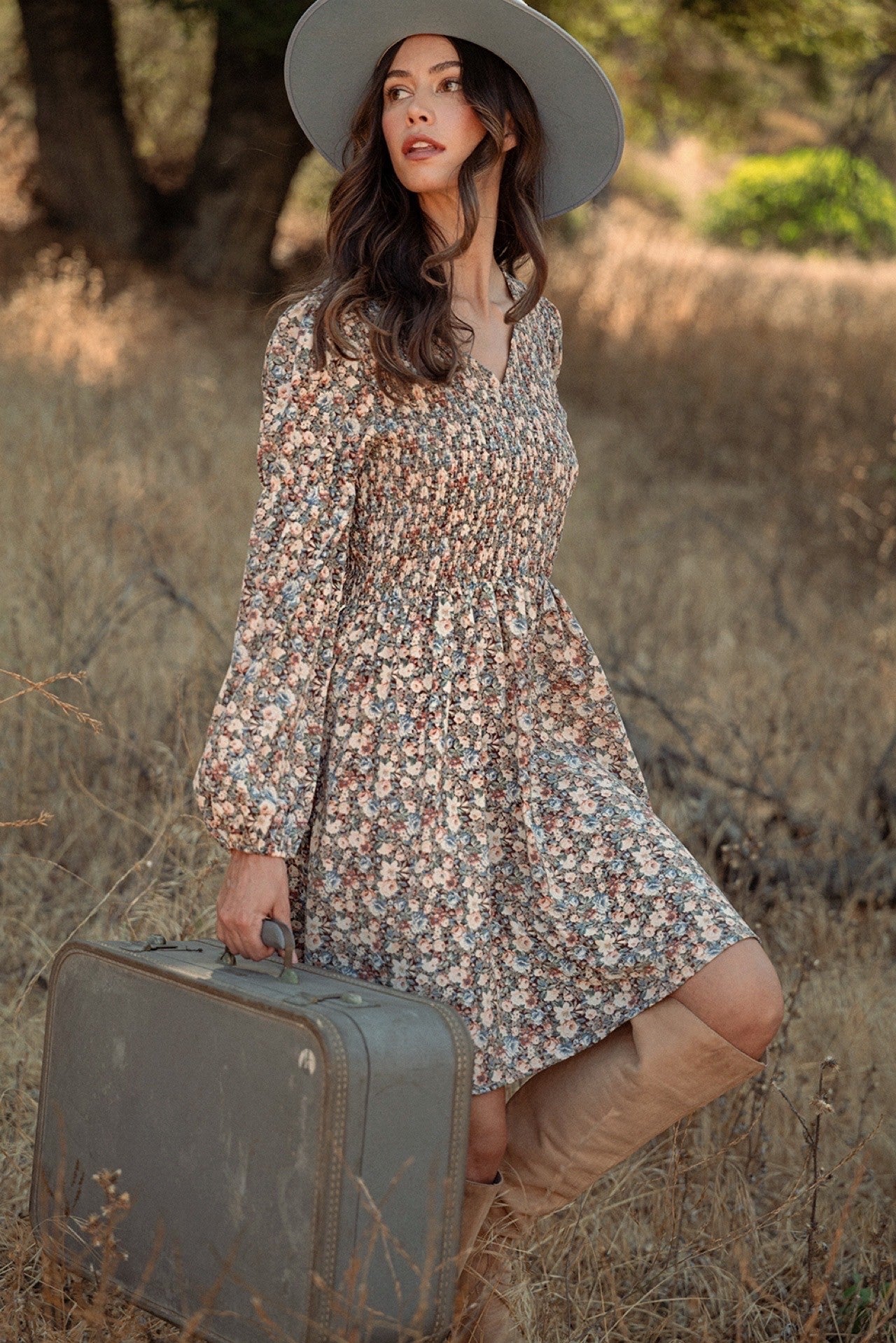 Amabel Smocked Floral Mini Dress in Brown Multi, photo 6
