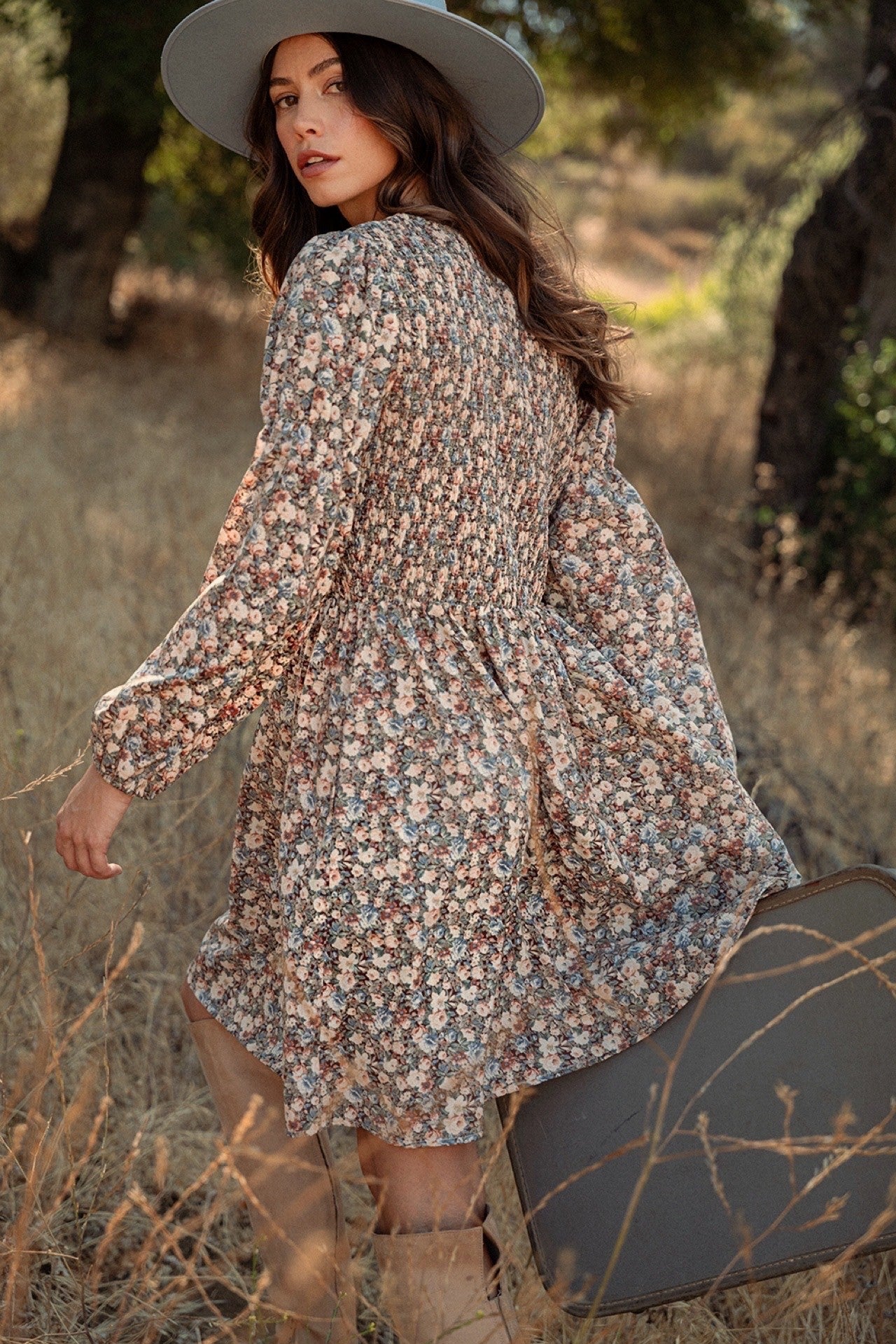 Amabel Smocked Floral Mini Dress in Brown Multi, photo 7