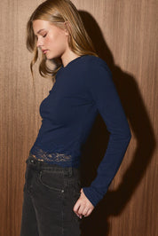 Amelie Lace Hem Long Sleeve Top - Navy