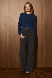 Amelie Lace Hem Long Sleeve Top - Navy