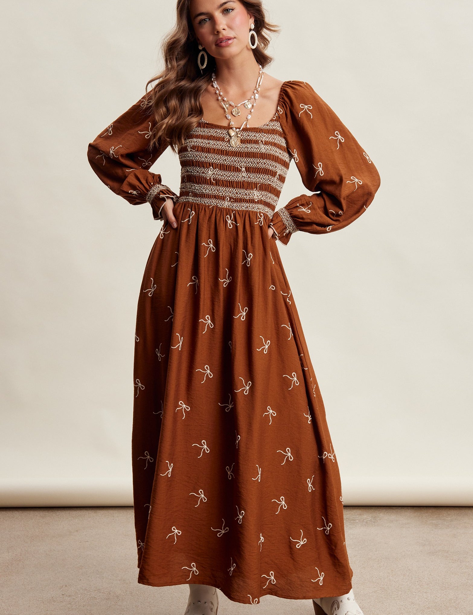 Amorette Embroidered Bow Maxi Dress - Caramel
