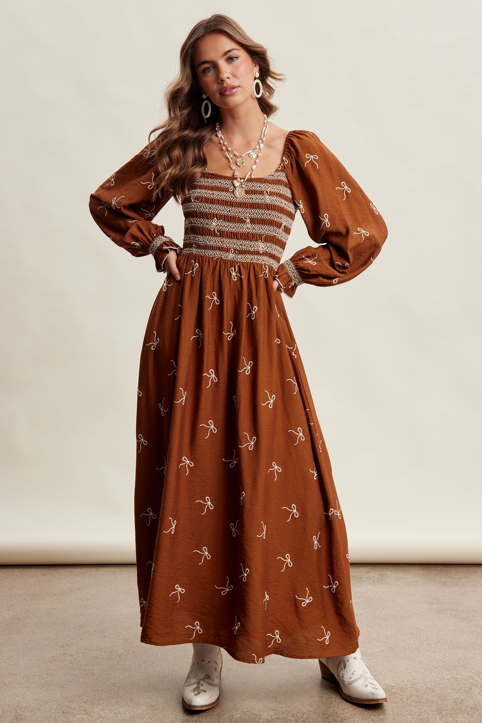 Amorette Embroidered Bow Maxi Dress - Caramel