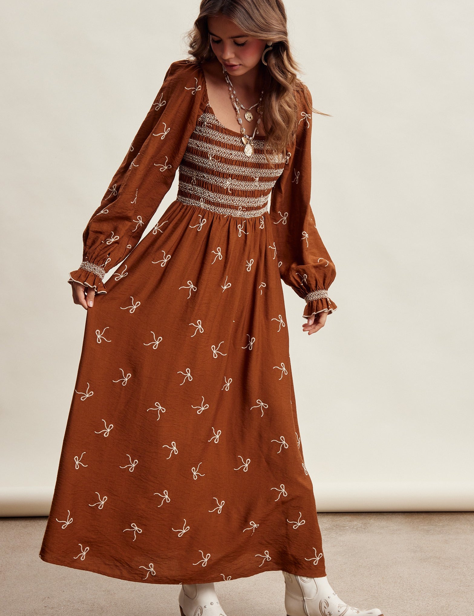 Amorette Embroidered Bow Maxi Dress - Caramel