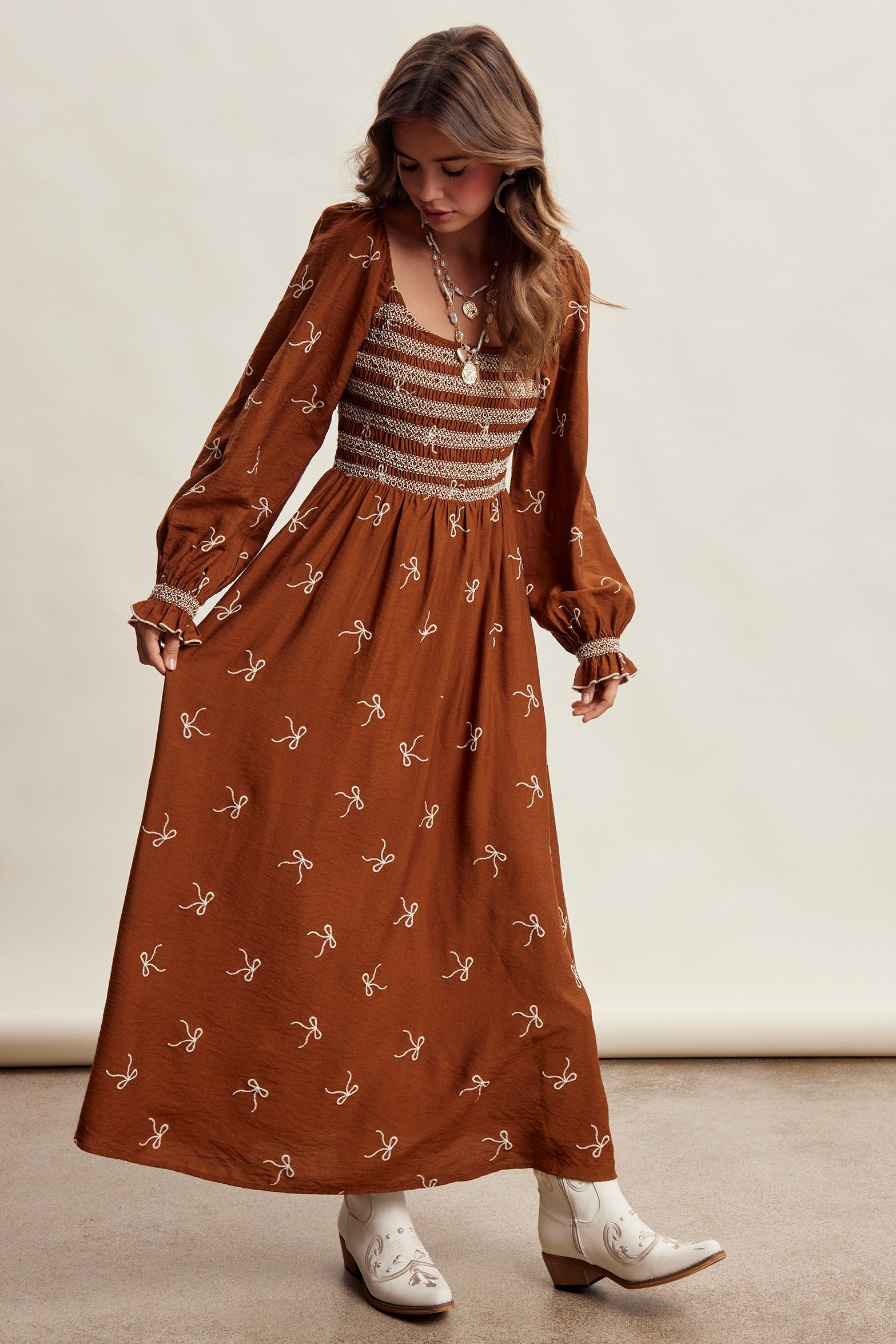 Amorette Embroidered Bow Maxi Dress - Caramel