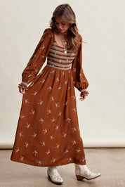 Amorette Embroidered Bow Maxi Dress - Caramel