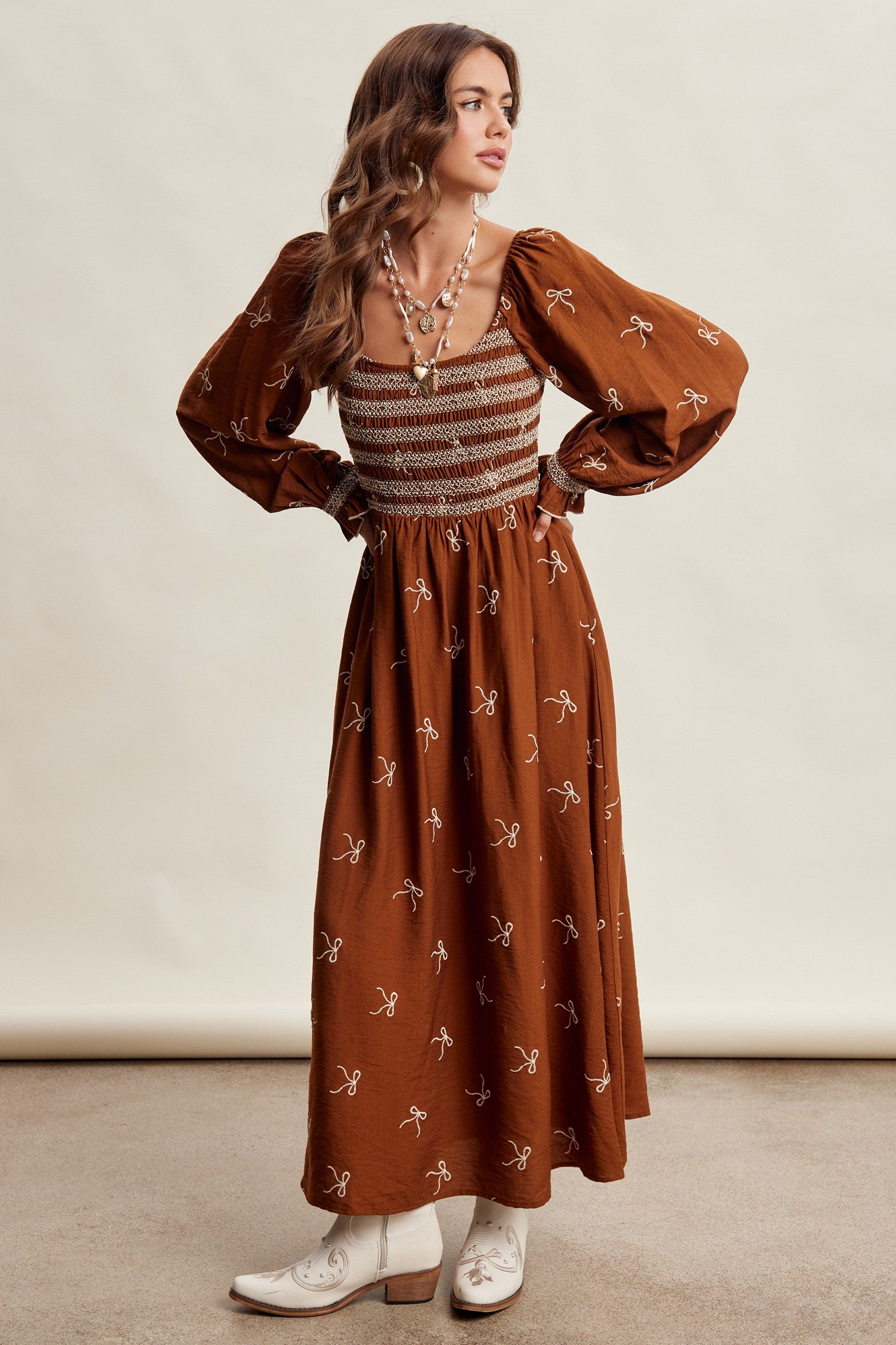 Amorette Embroidered Bow Maxi Dress - Caramel