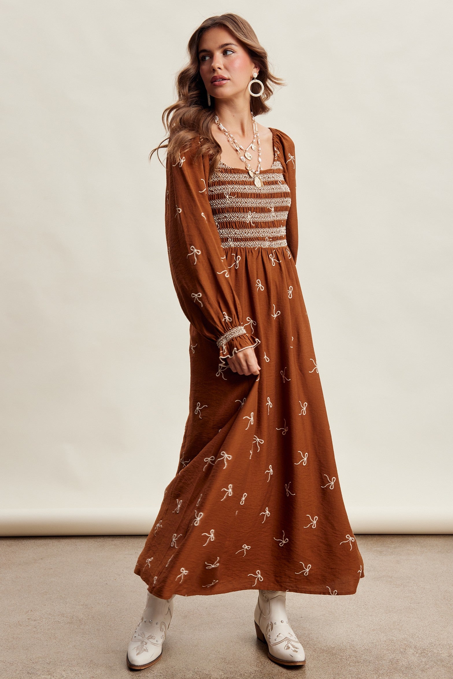 Amorette Embroidered Bow Maxi Dress - Caramel