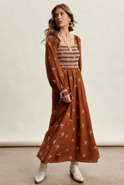 Amorette Embroidered Bow Maxi Dress - Caramel