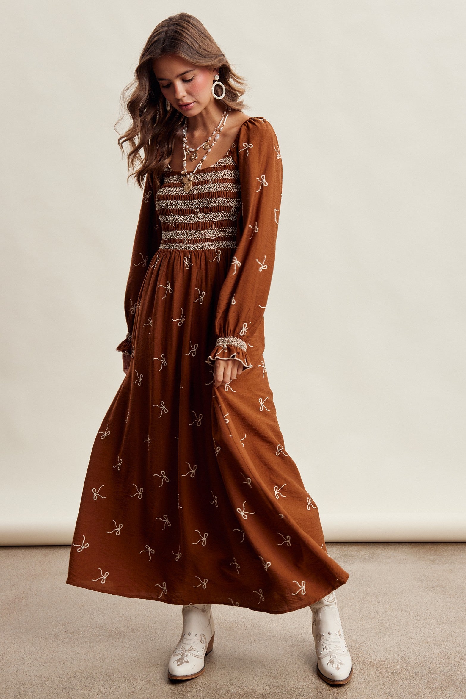 Amorette Embroidered Bow Maxi Dress - Caramel