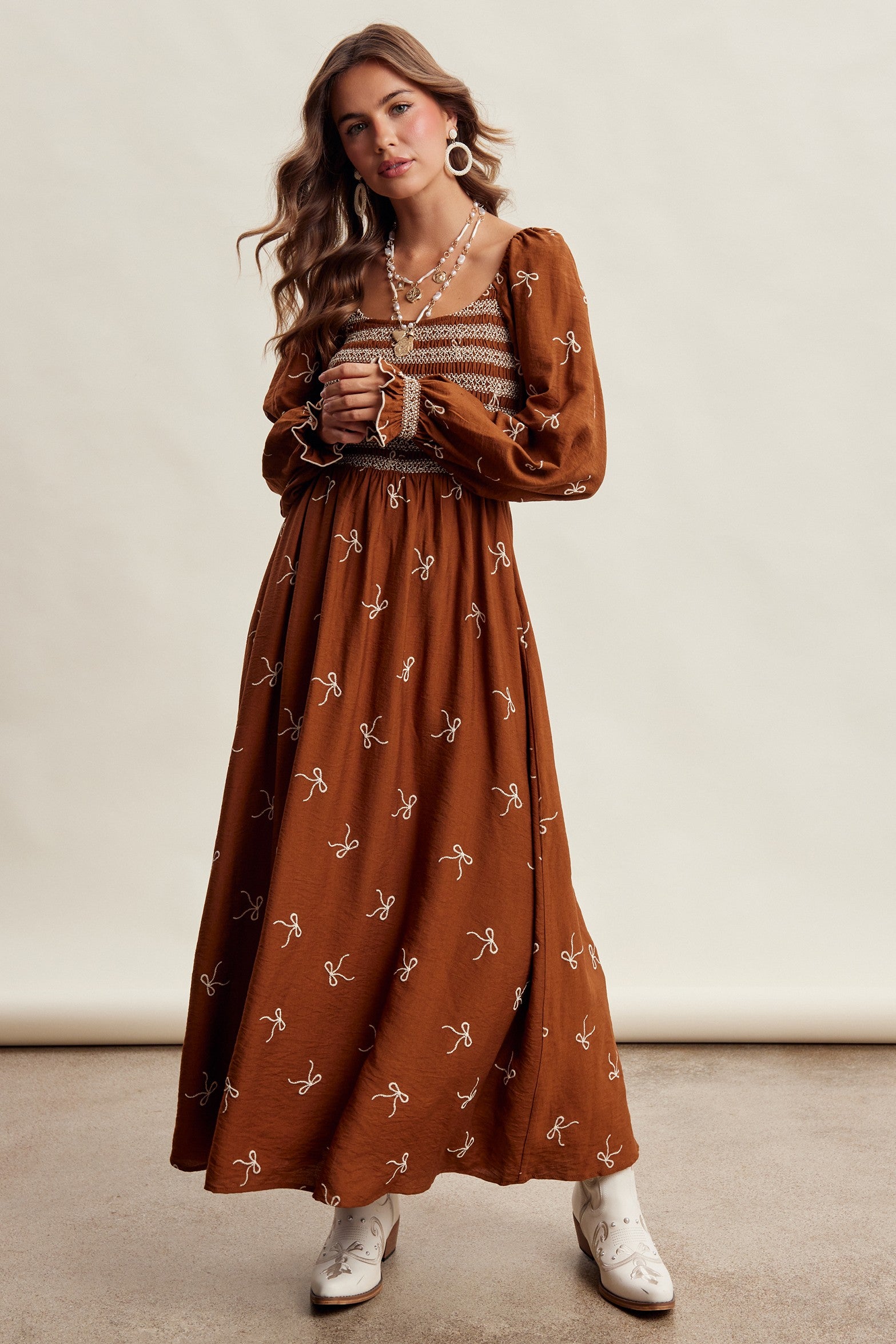 Amorette Embroidered Bow Maxi Dress - Caramel
