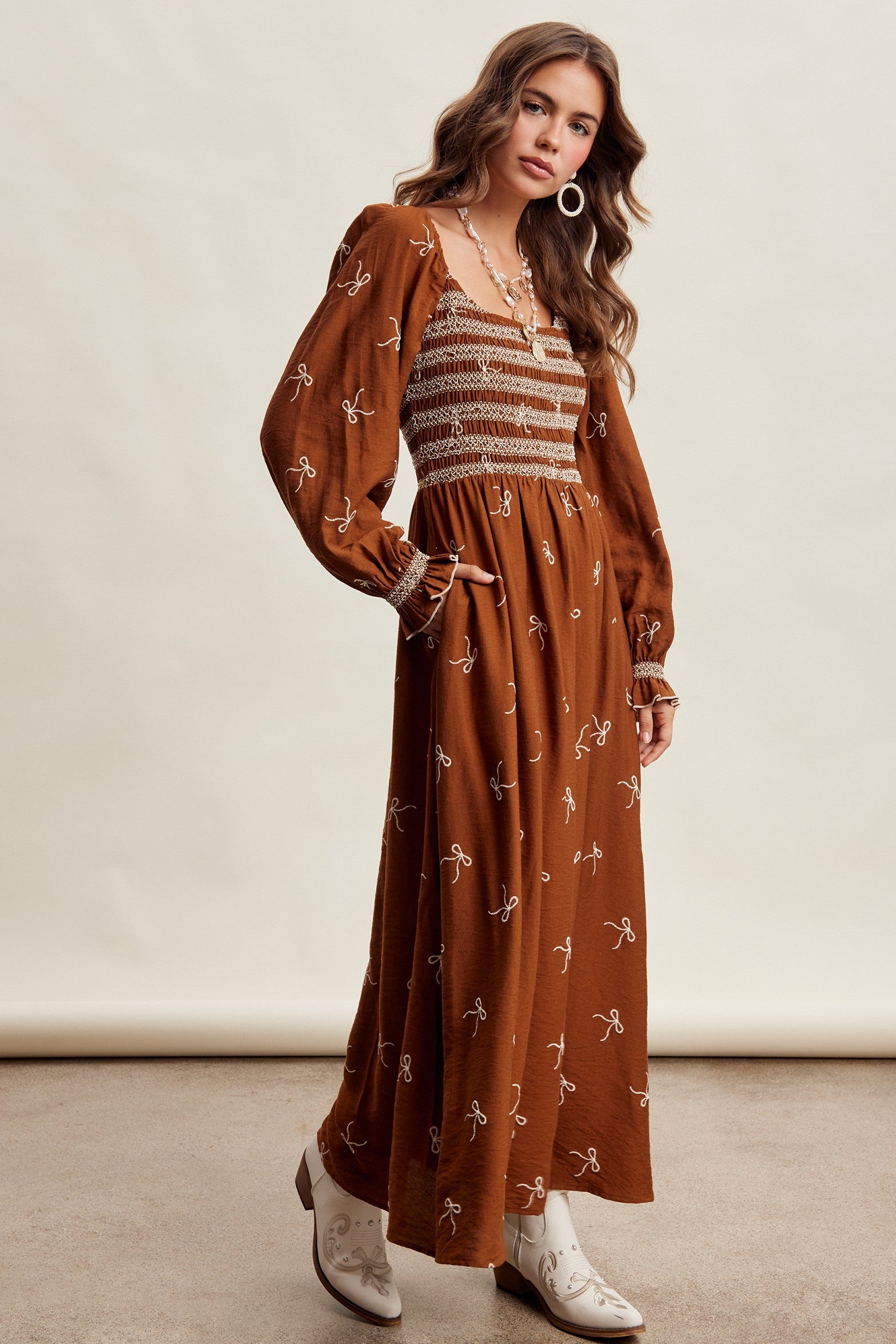 Amorette Embroidered Bow Maxi Dress - Caramel