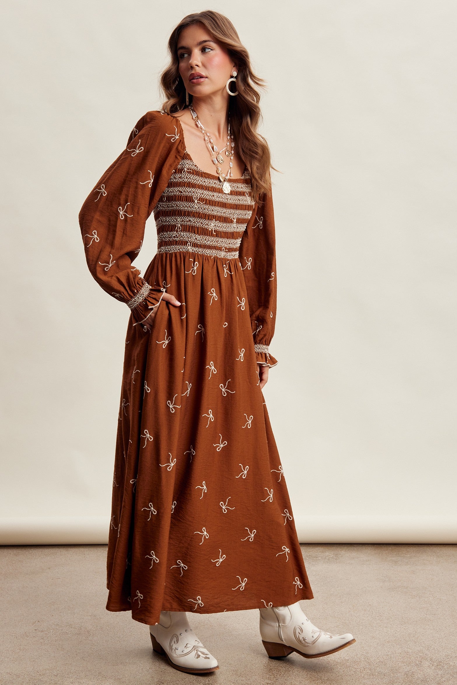 Amorette Embroidered Bow Maxi Dress - Caramel