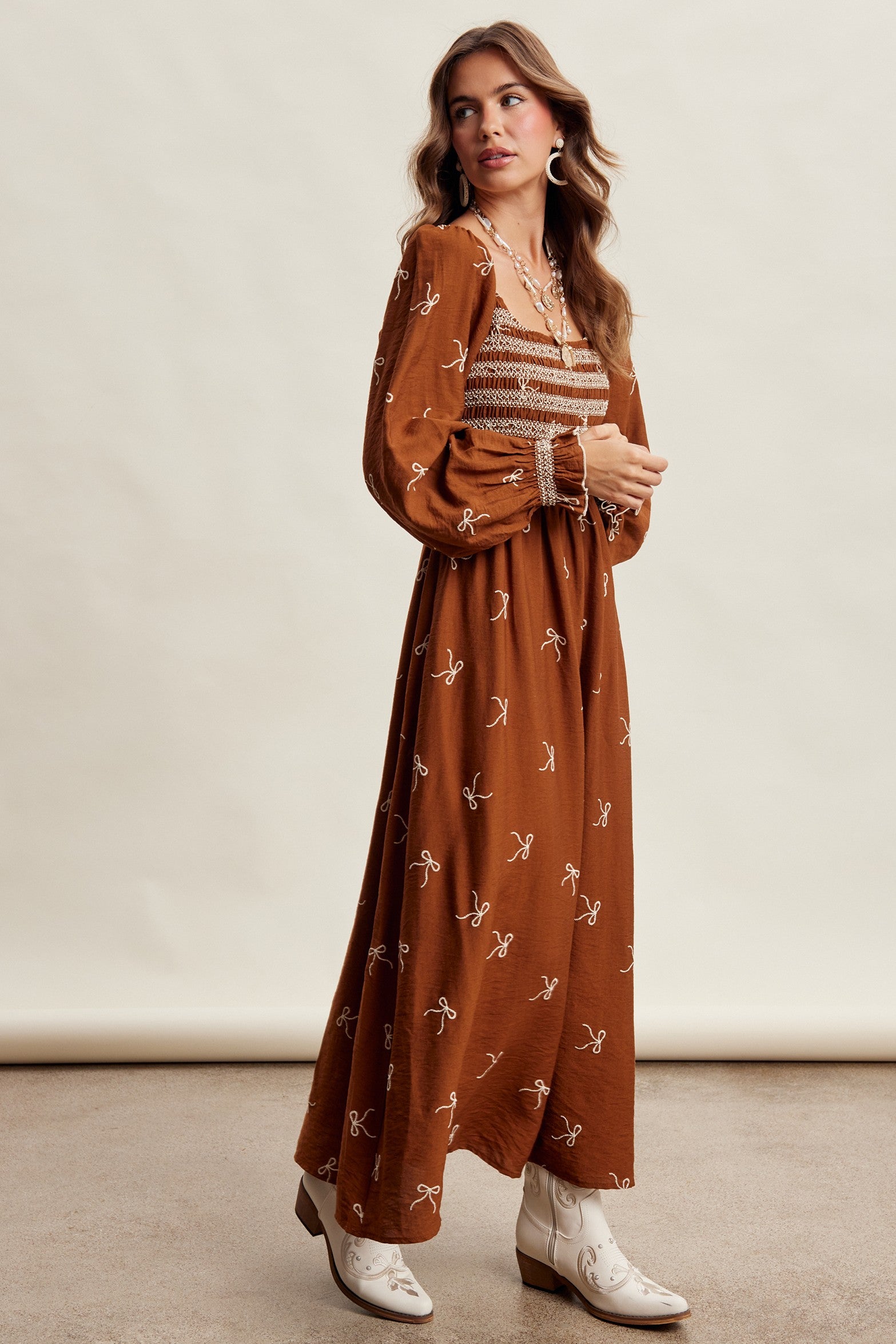 Amorette Embroidered Bow Maxi Dress - Caramel