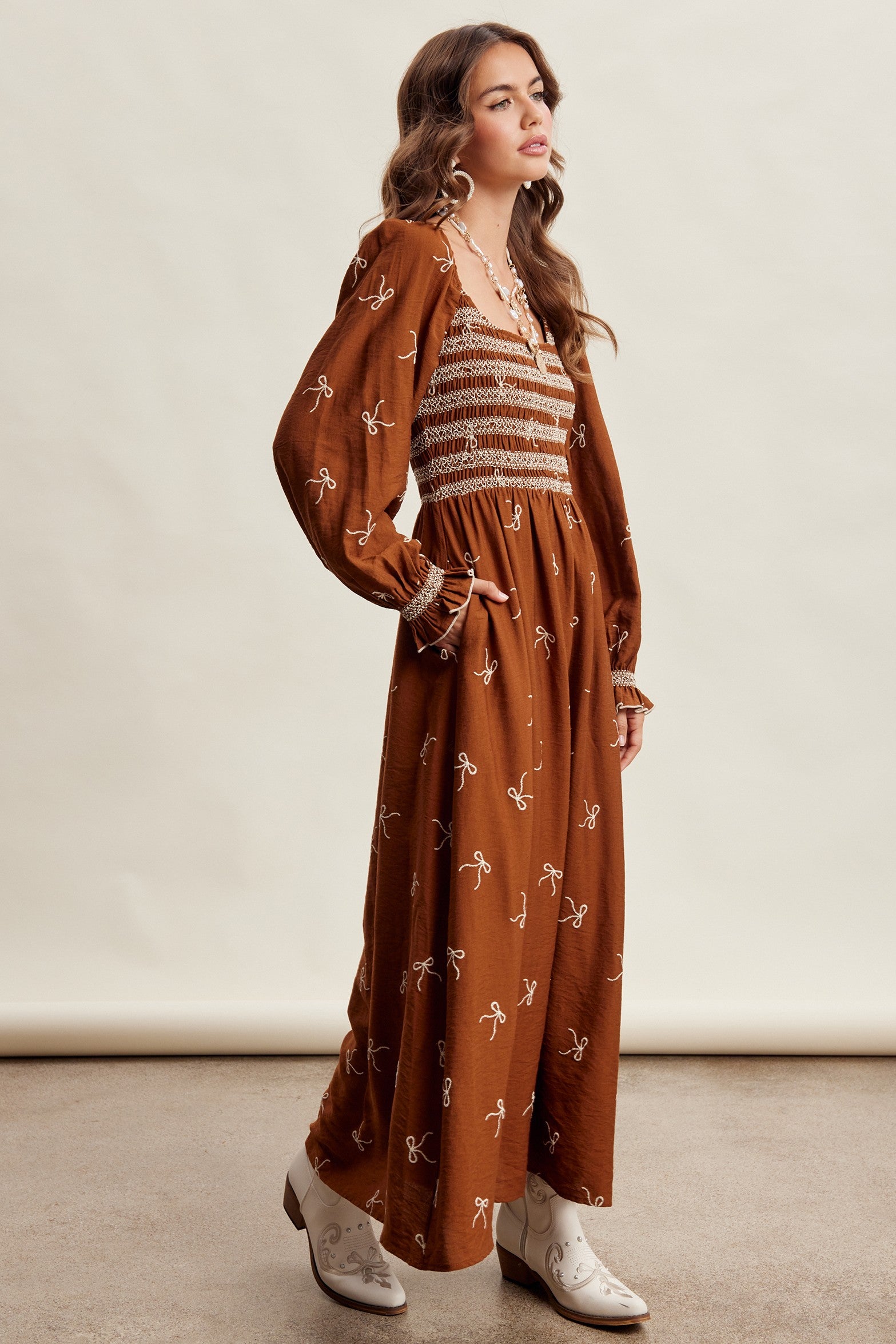 Amorette Embroidered Bow Maxi Dress - Caramel